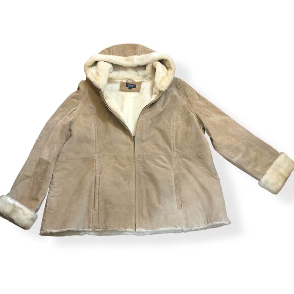 Women’s Suede Penny Lane Coat Tan Ivory Faux Fur Hood Cuffs Sz XXXL Boho - Picture 2 of 12